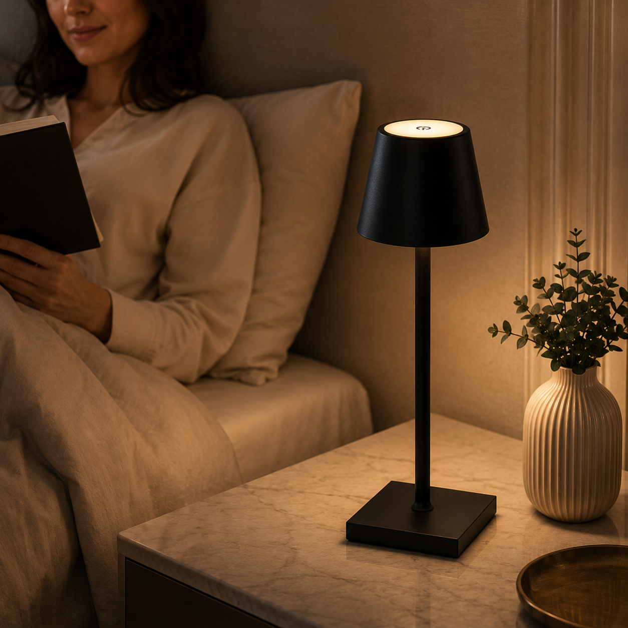 Lampe de chevet tactile noire utilisée comme lumière de lecture