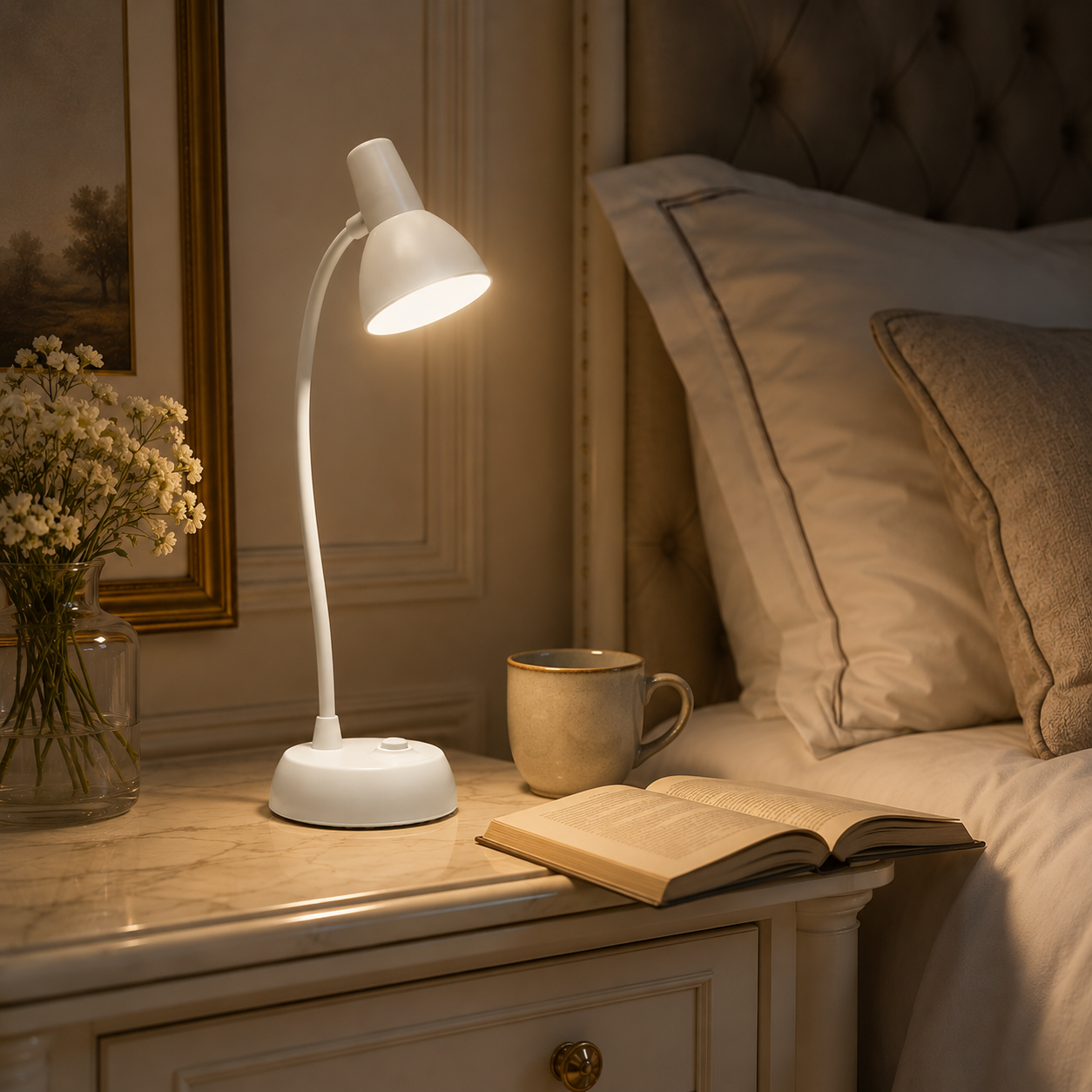 Lampe LED à col flexible 360 degrés près d’un livre ouvert