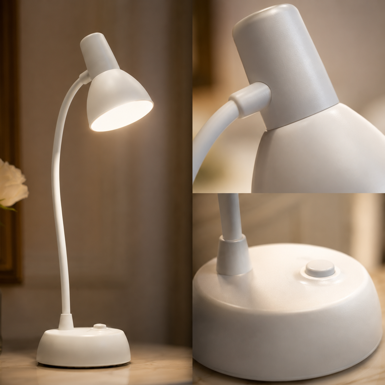 Lampe de chevet sans fil LED blanche avec col flexible et détails de la base