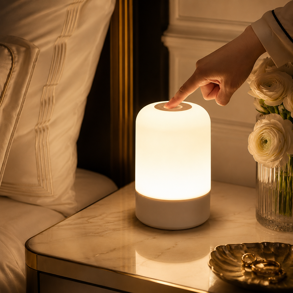 Commande tactile supérieure d’une lampe de chevet LED sans fil