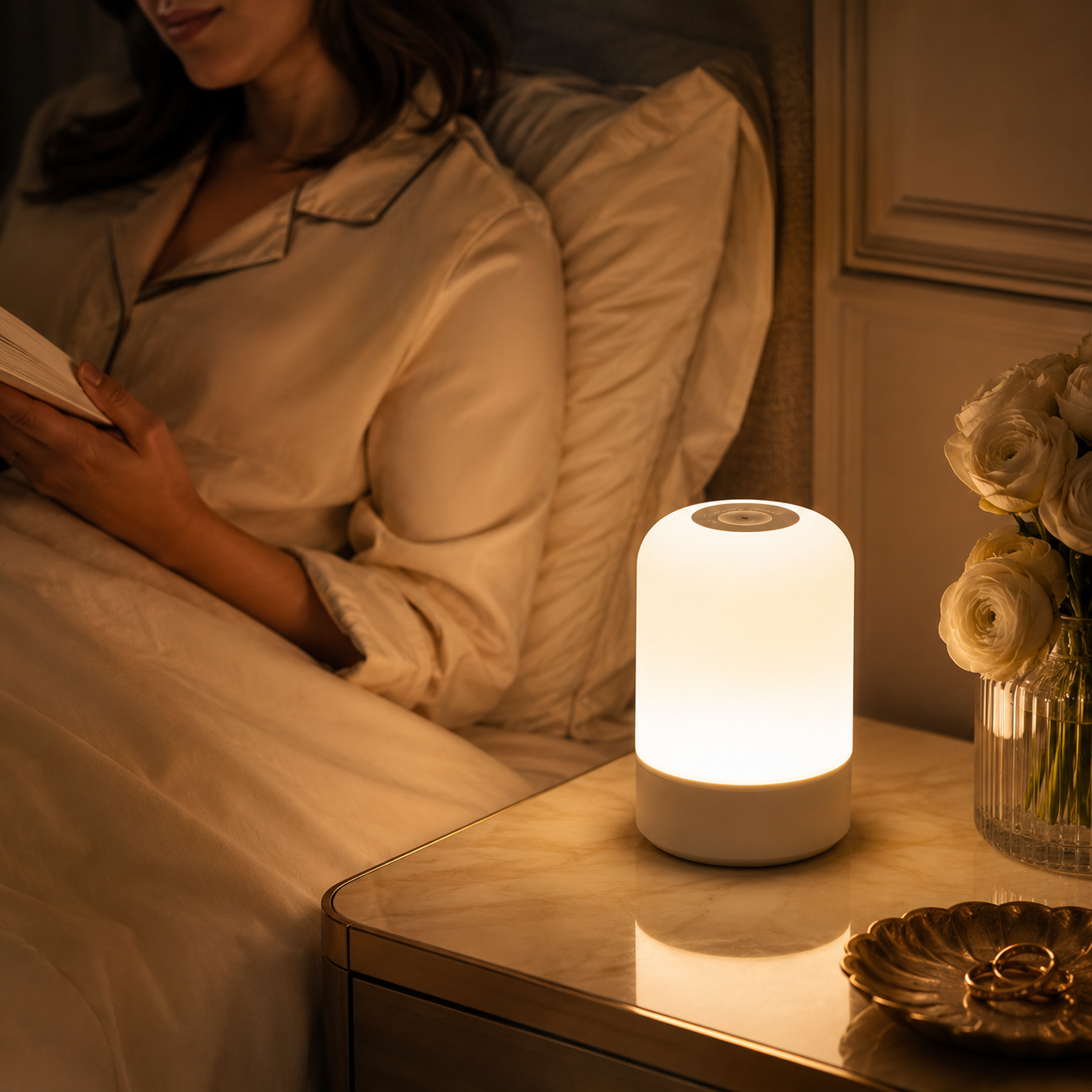 Lampe de chevet sans fil éclairant une lecture au lit
