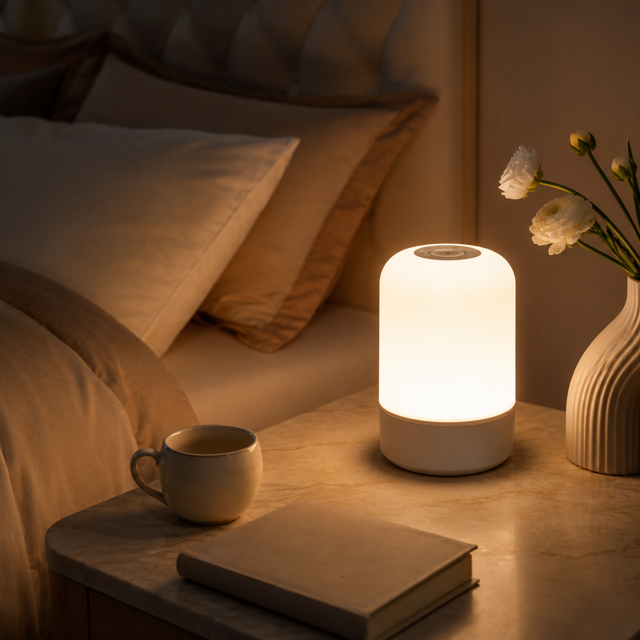 Lampe LED sans fil cylindrique sur une table de nuit