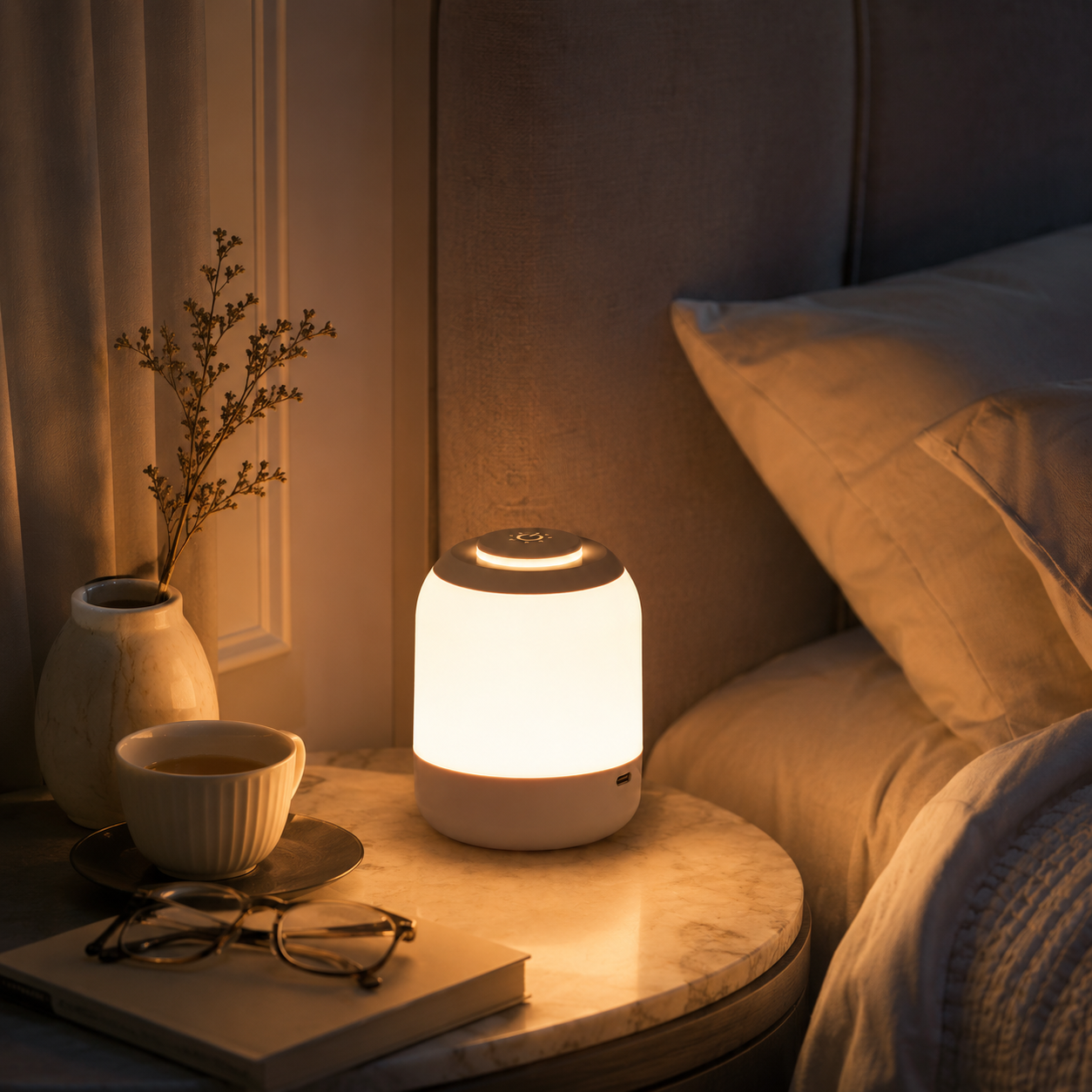 Lampe tactile sans fil créant une ambiance chaleureuse près du lit