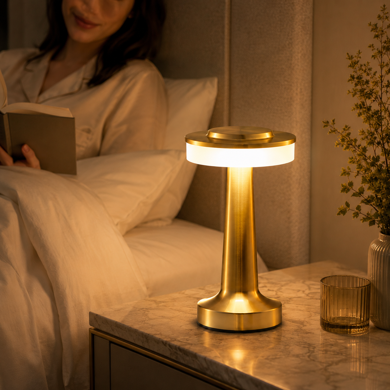 Lampe de chevet tactile dorée utilisée pour lire au lit