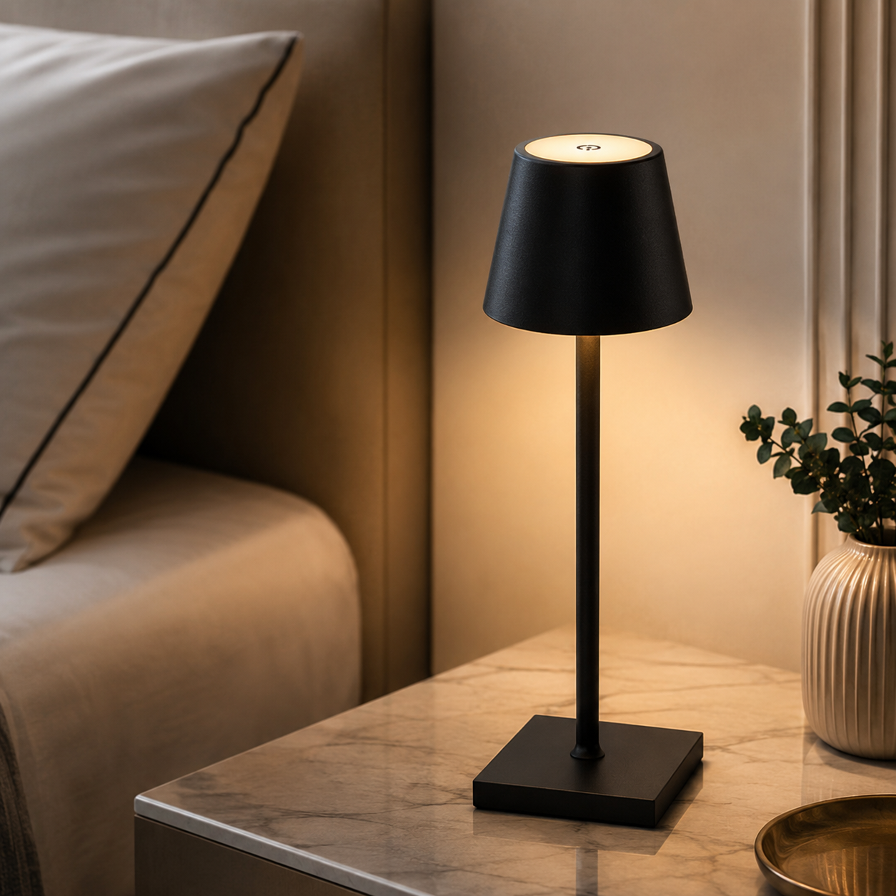 Lampe tactile LED noire allumée sur une table de nuit