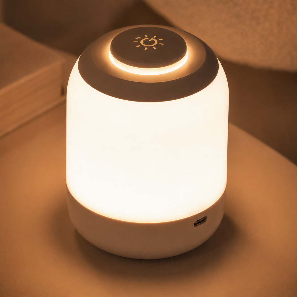 Gros plan sur la lampe tactile rechargeable et son port USB-C