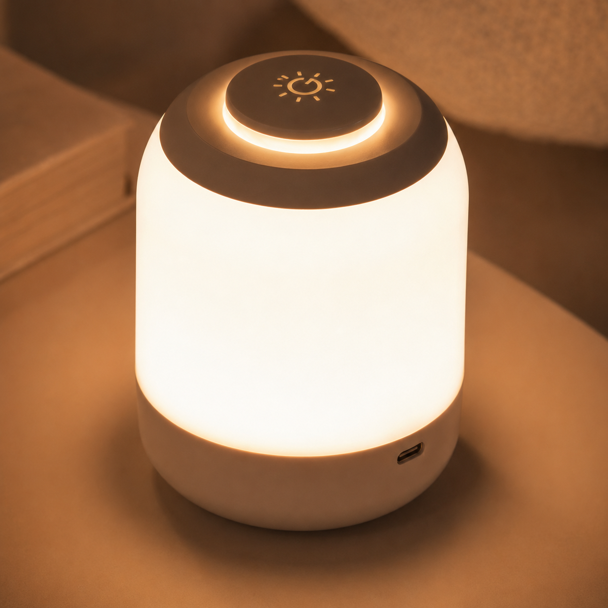 Gros plan sur la lampe tactile rechargeable et son port USB-C