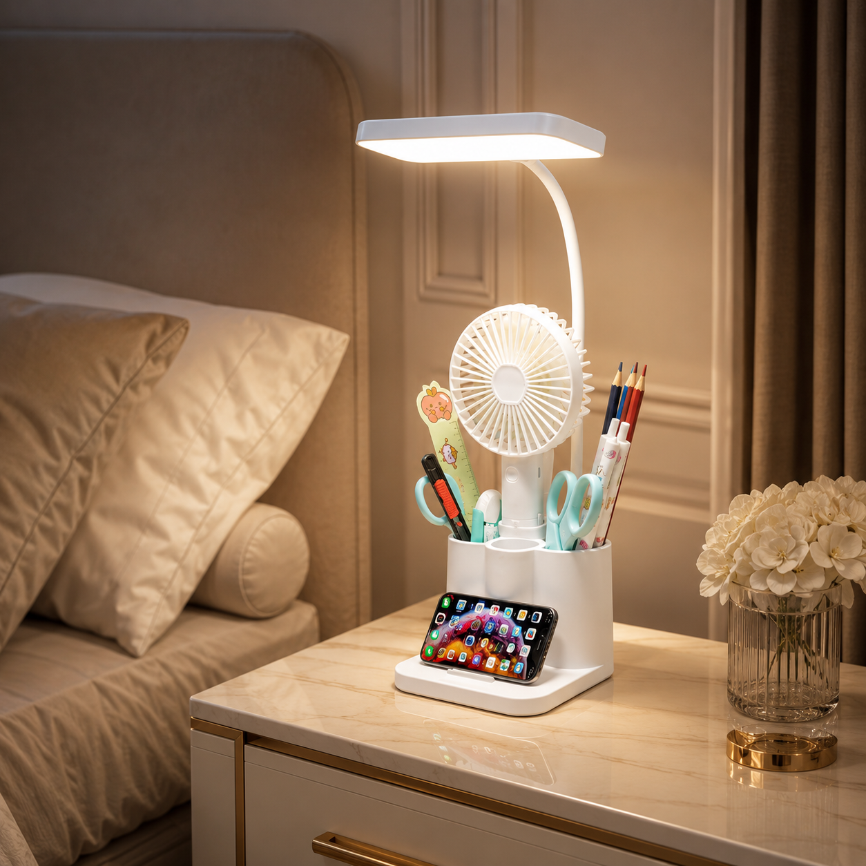 Lampe de chevet LED USB multifonction blanche avec porte-stylos et support téléphone