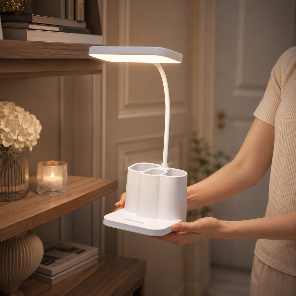 Lampe blanche multifonction avec bras flexible, rangements et support smartphone