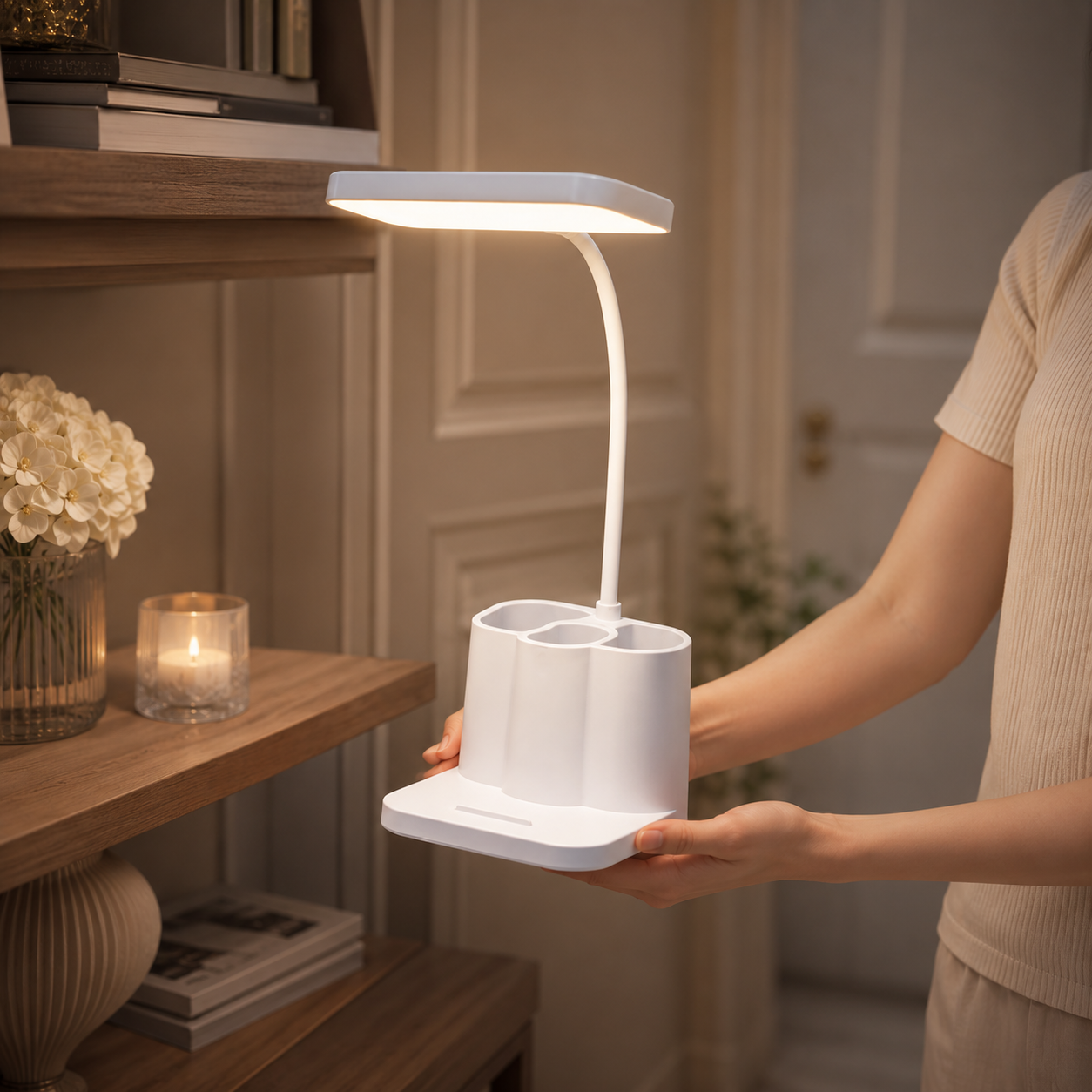 Lampe blanche multifonction avec bras flexible, rangements et support smartphone