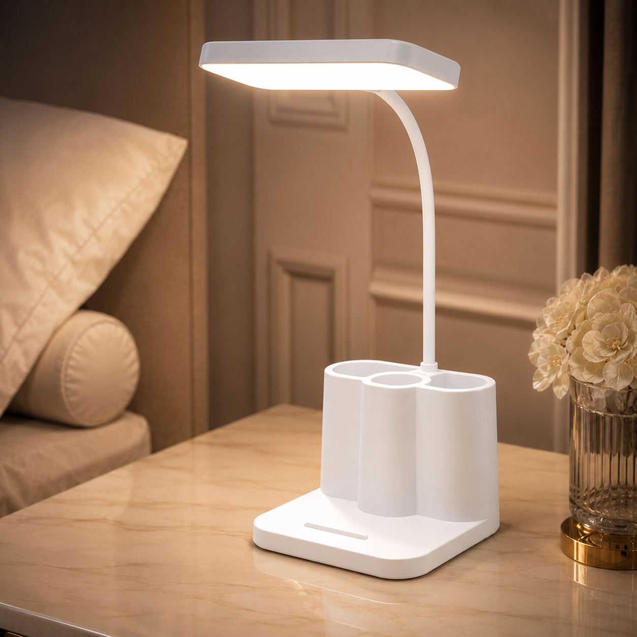 Lampe LED blanche avec compartiments de rangement et support téléphone intégrés