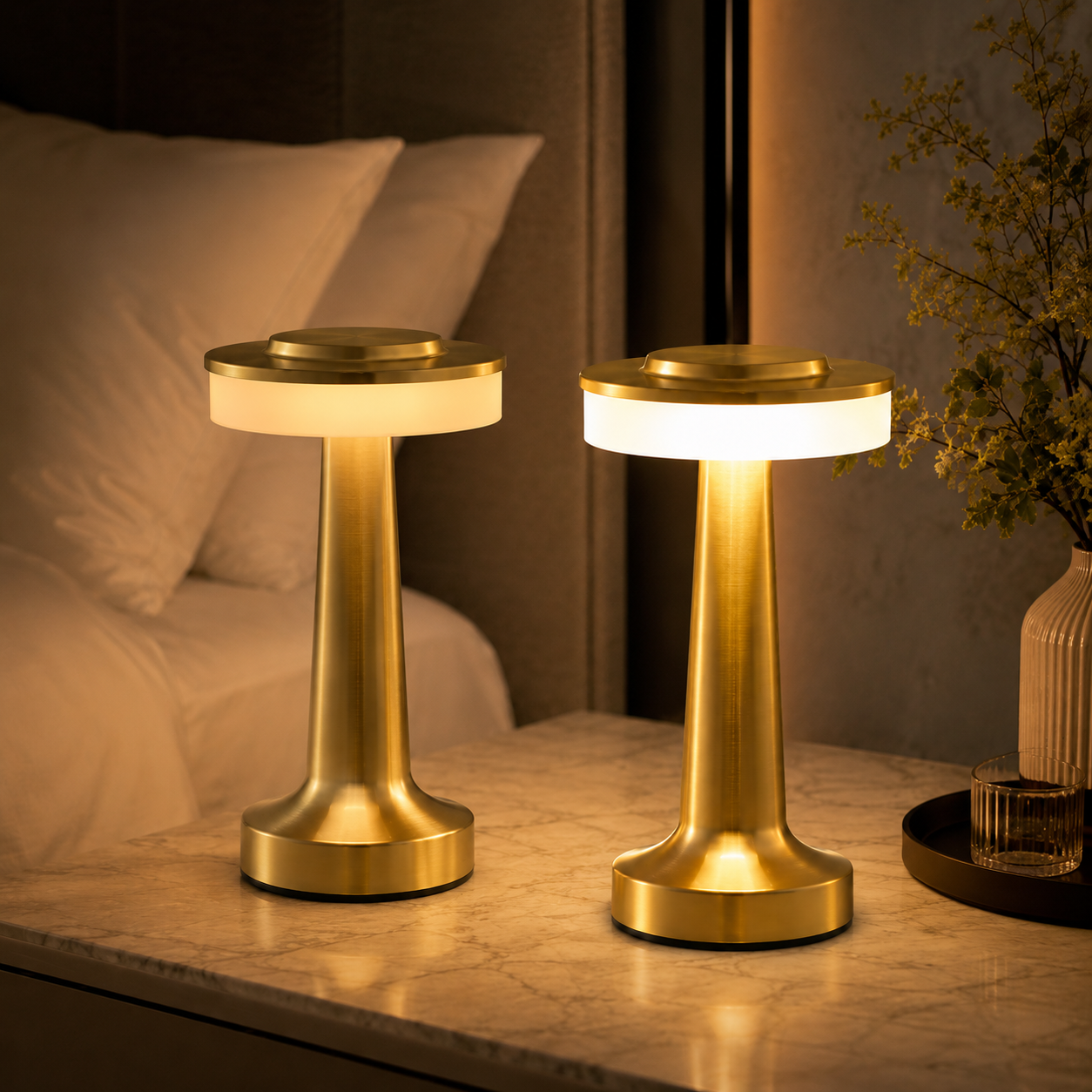 Lampe tactile dorée avec comparaison des ambiances lumineuses