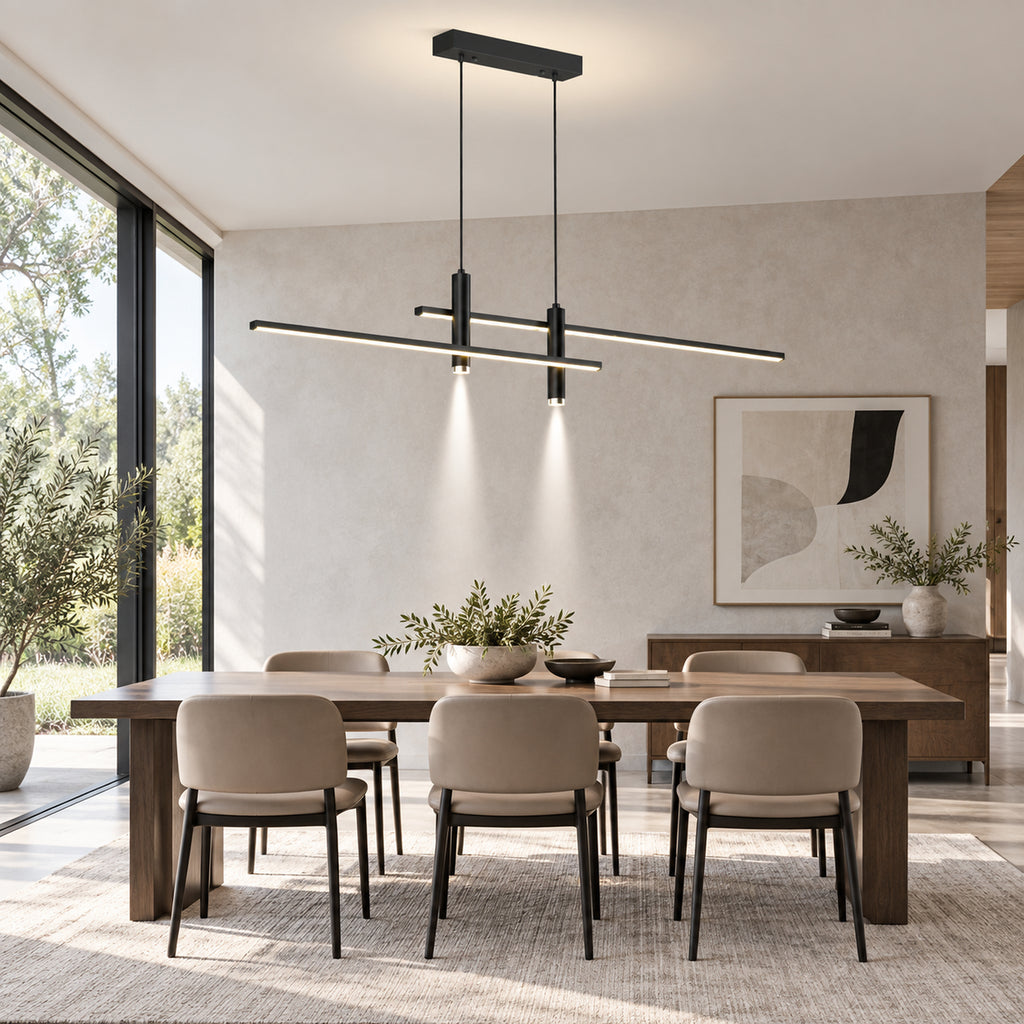 Suspension LED linéaire noire au-dessus d’une grande table