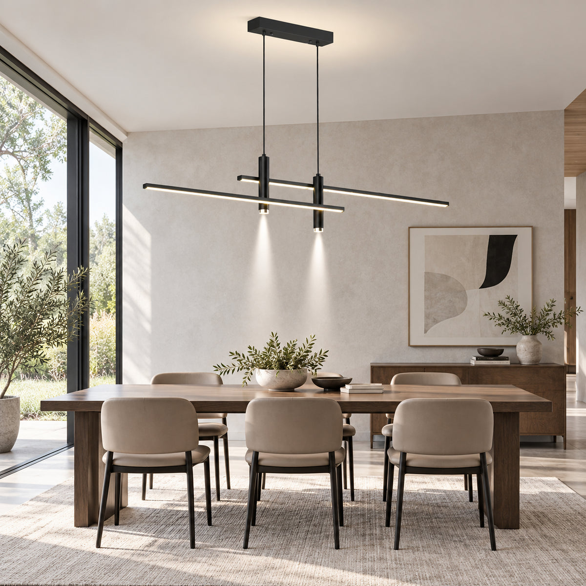Suspension LED linéaire noire au-dessus d’une grande table