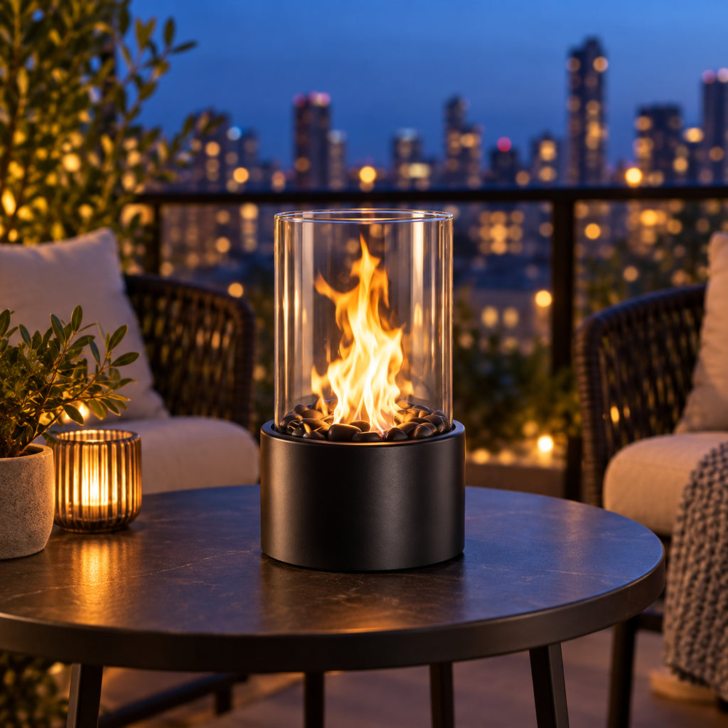 Cheminée de table noire sur un balcon en soirée