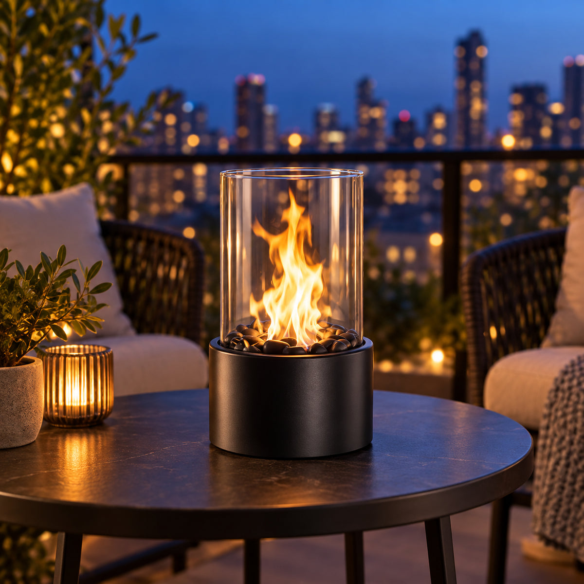 Cheminée de table noire sur un balcon en soirée