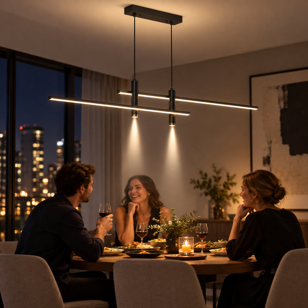 Suspension LED linéaire noire pendant un dîner