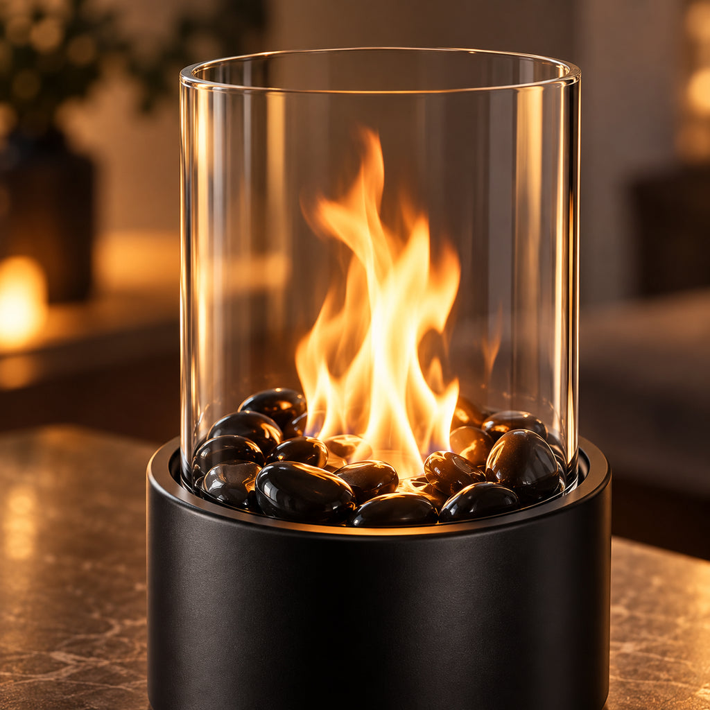 Flamme et pierres décoratives de la cheminée de table noire