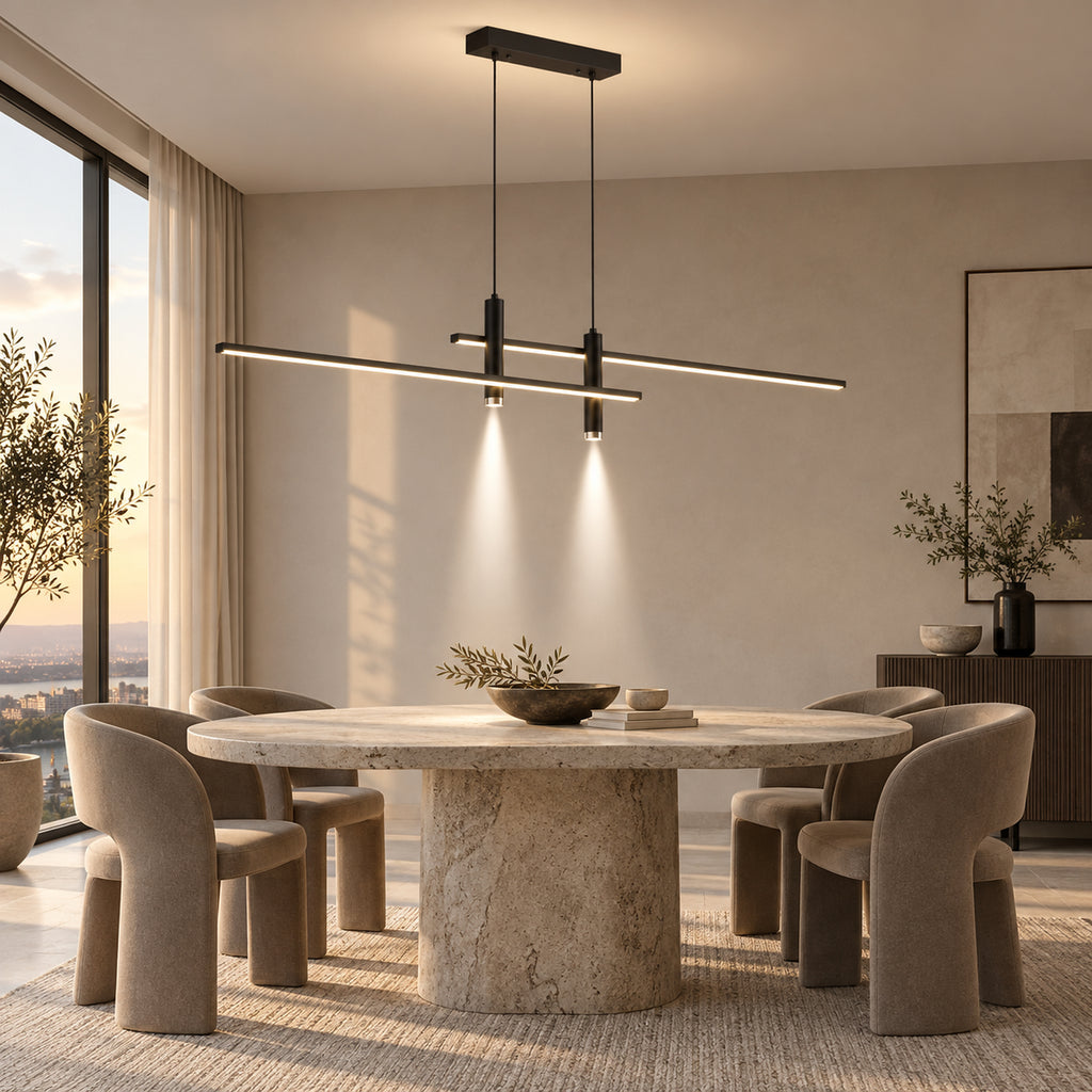 Suspension LED linéaire noire dans un intérieur contemporain