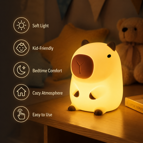 Lampe de chevet enfant capybara LED diffusant une lumière jaune douce