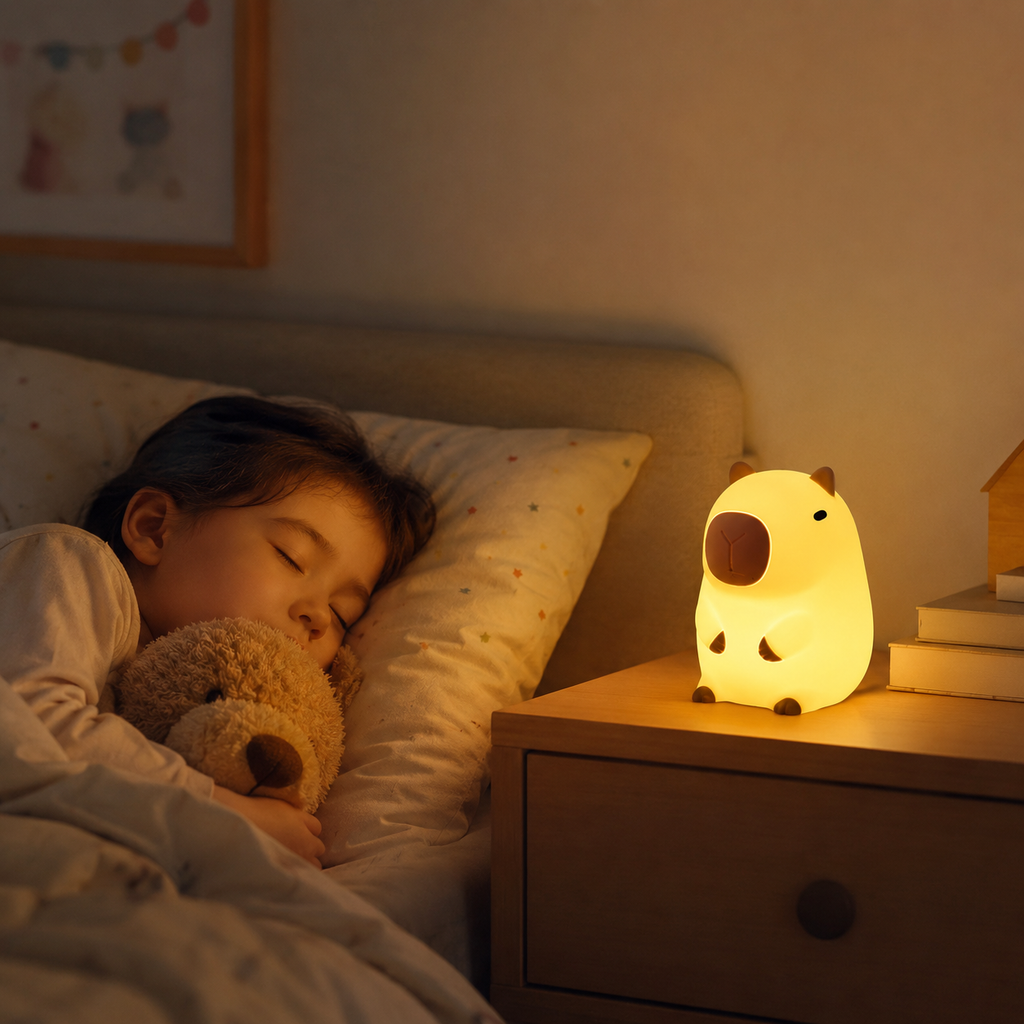 Lampe capybara LED éclairant doucement un enfant endormi