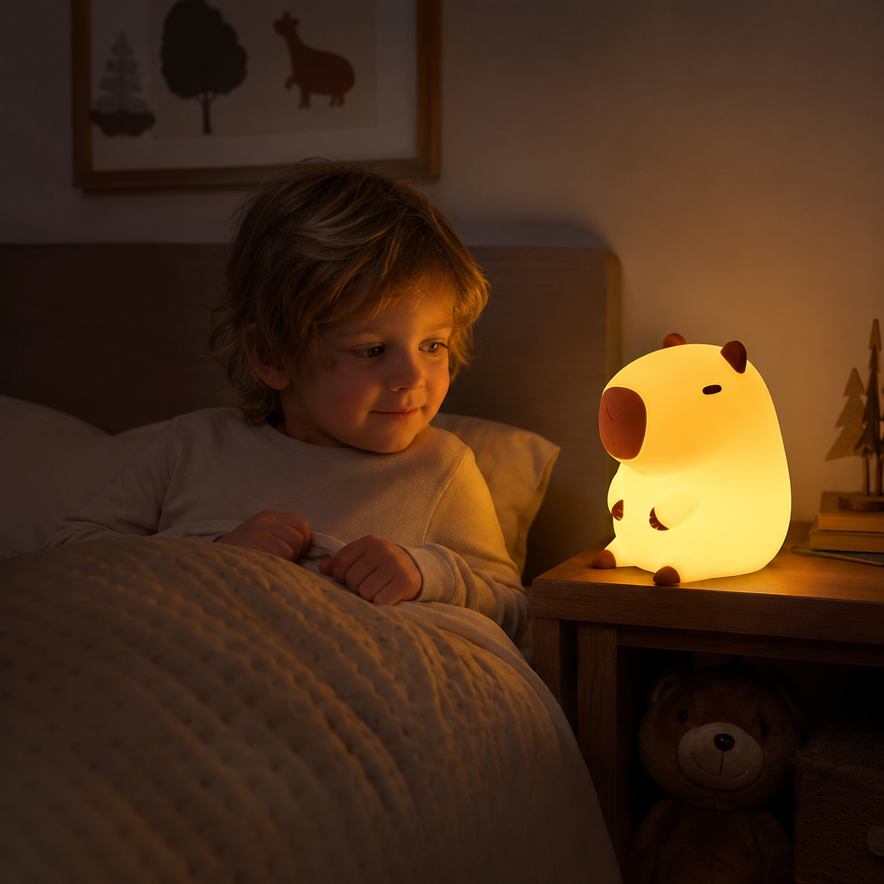 Veilleuse décorative capybara jaune près du lit d’un enfant