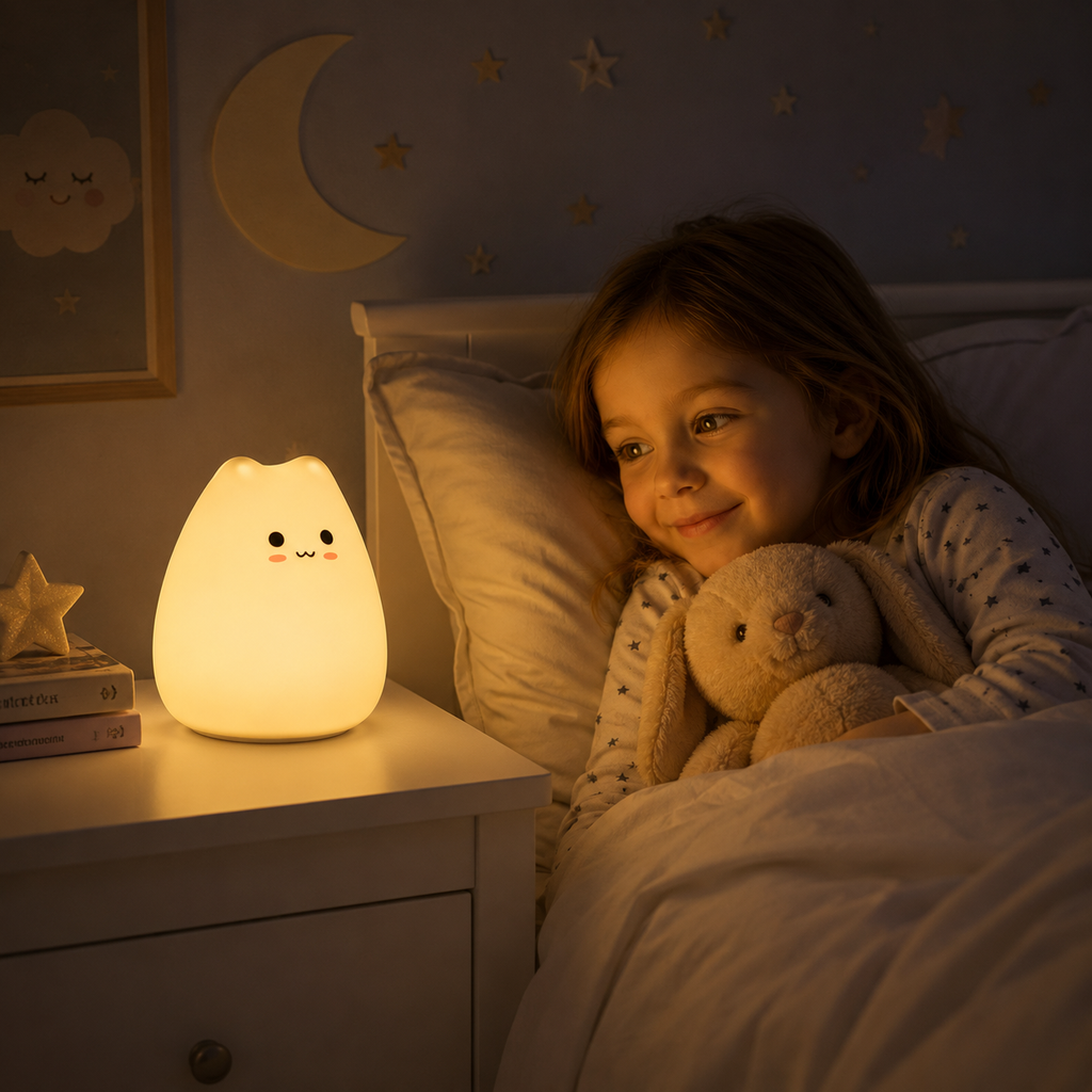 Veilleuse LED chat en silicone sur une table de nuit dans une chambre d’enfant