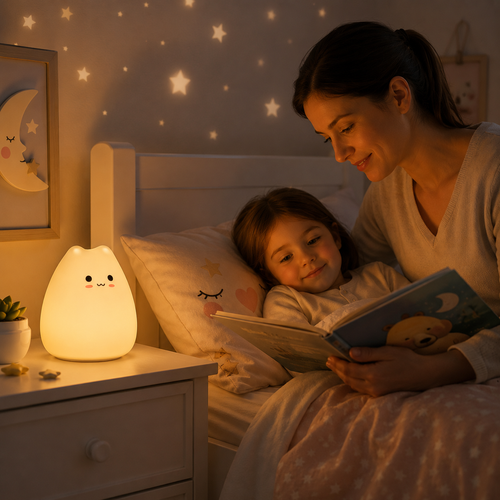Lampe de chevet enfant chat diffusant une lumière blanc chaud pendant une histoire