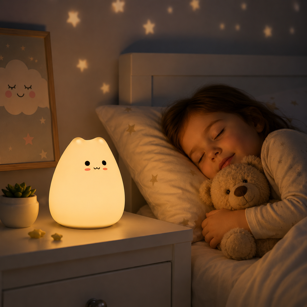 Lampe chat LED blanc chaud éclairant doucement un enfant endormi