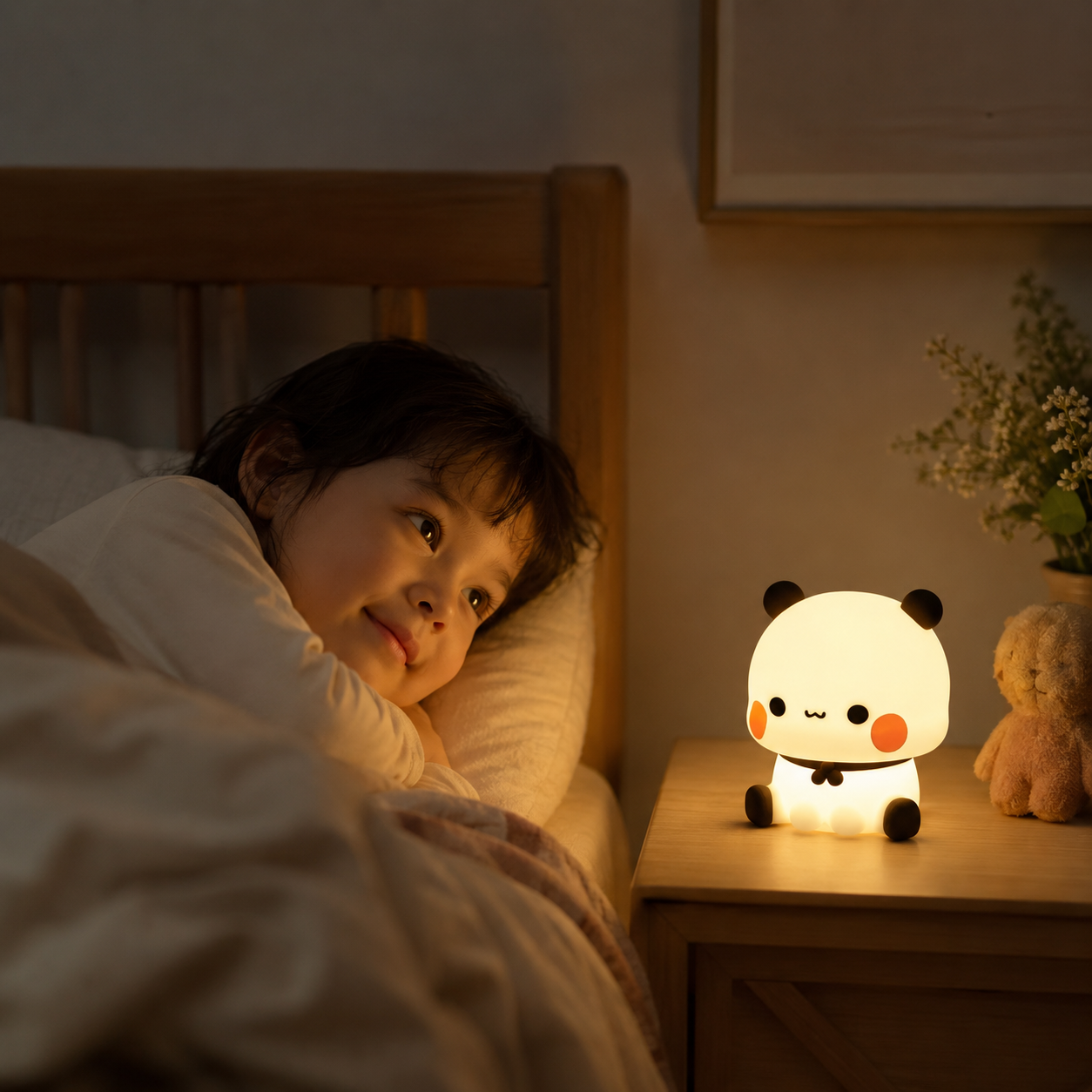 Veilleuse LED panda en silicone sur une table de nuit dans une chambre d’enfant