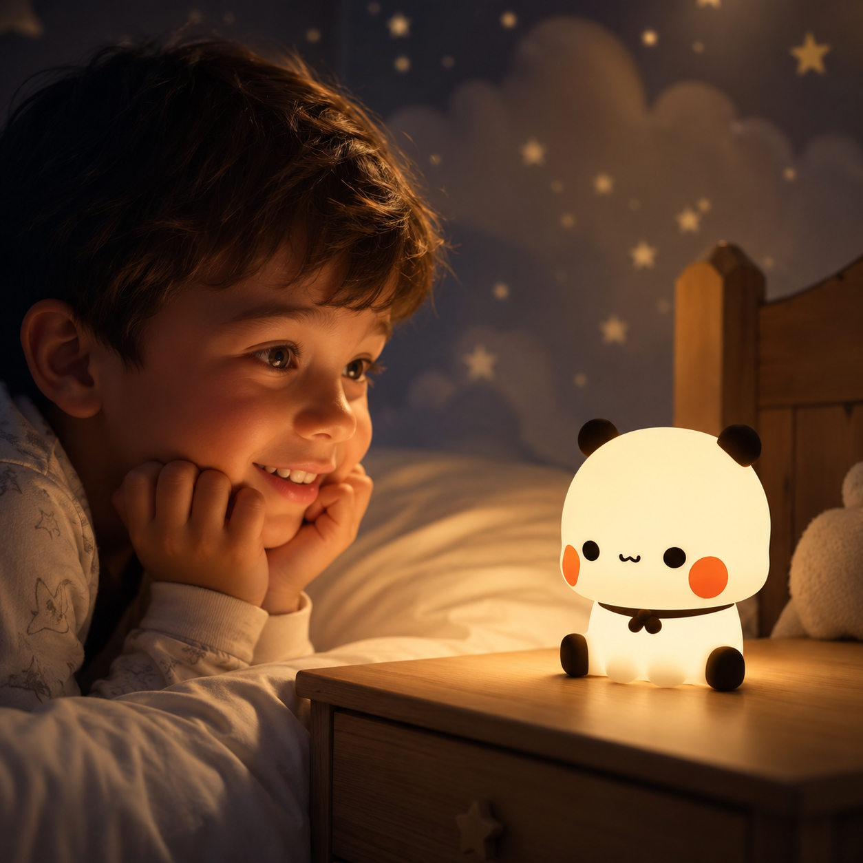 Lampe de chevet enfant panda diffusant une lumière douce près du lit
