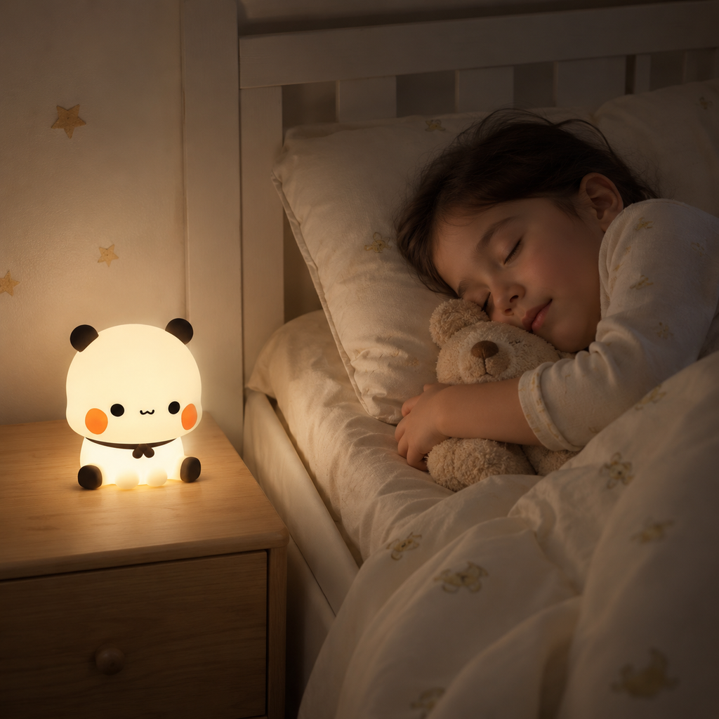 Veilleuse panda blanc chaud éclairant doucement un enfant endormi