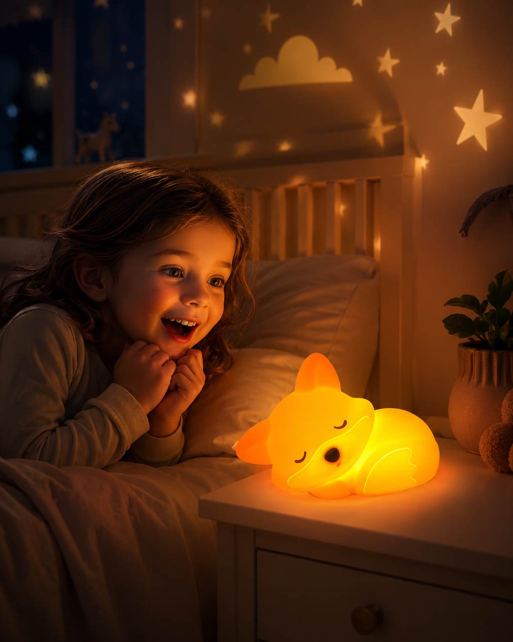 Veilleuse LED renard orange sur une table de chevet dans une chambre d’enfant
