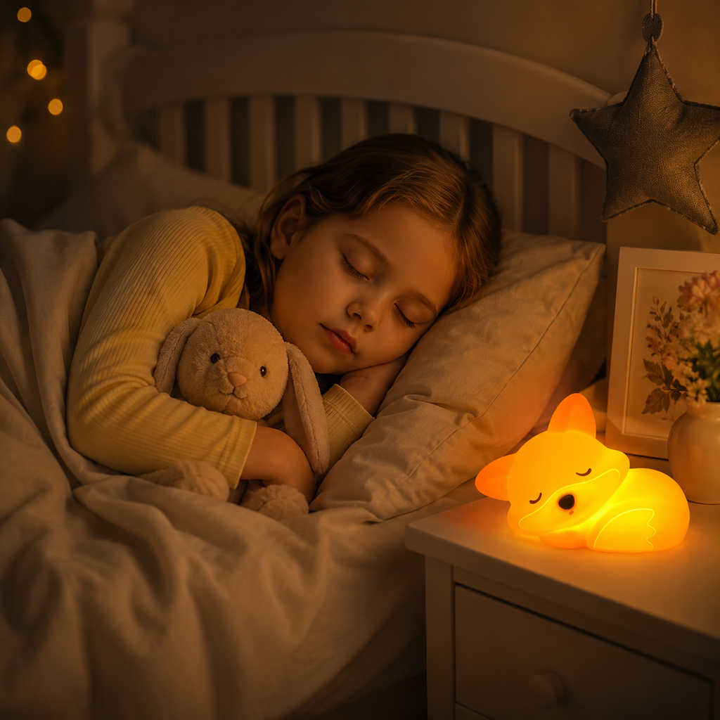 Lampe de chevet enfant renard orange éclairant une chambre pendant le sommeil