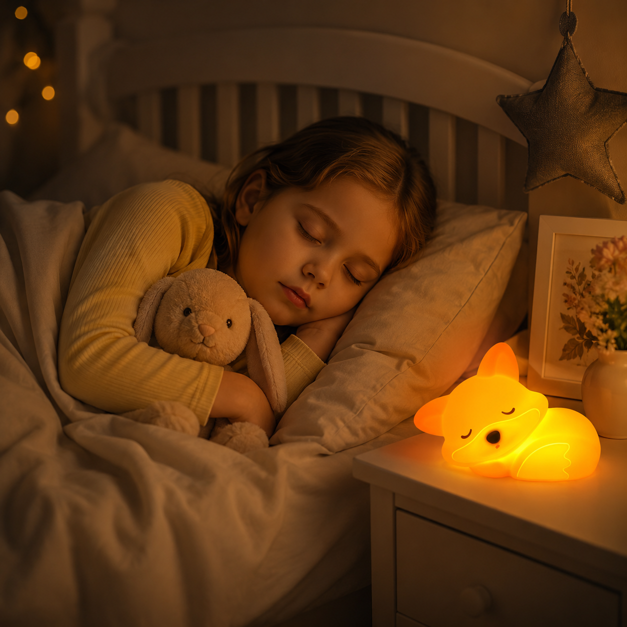 Lampe de chevet enfant renard orange éclairant une chambre pendant le sommeil