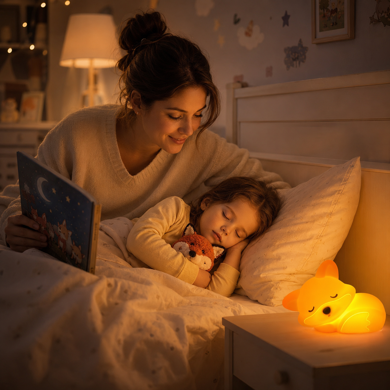 Veilleuse renard rechargeable accompagnant une histoire au coucher