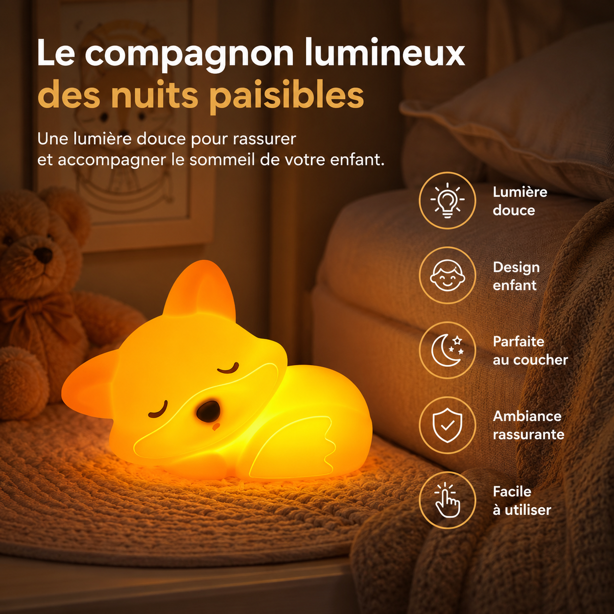 Lampe de chevet enfant renard en silicone diffusant une lumière orange douce